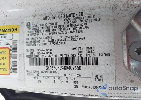 2016 Ford Fusion Se from USA, damaged, VIN 3FA6P0H94GR402550